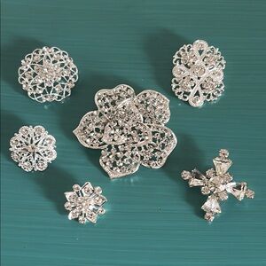 Bridal Wedding Prom Formal 6 Piece Rhinestone Silver Floral Brooch Set